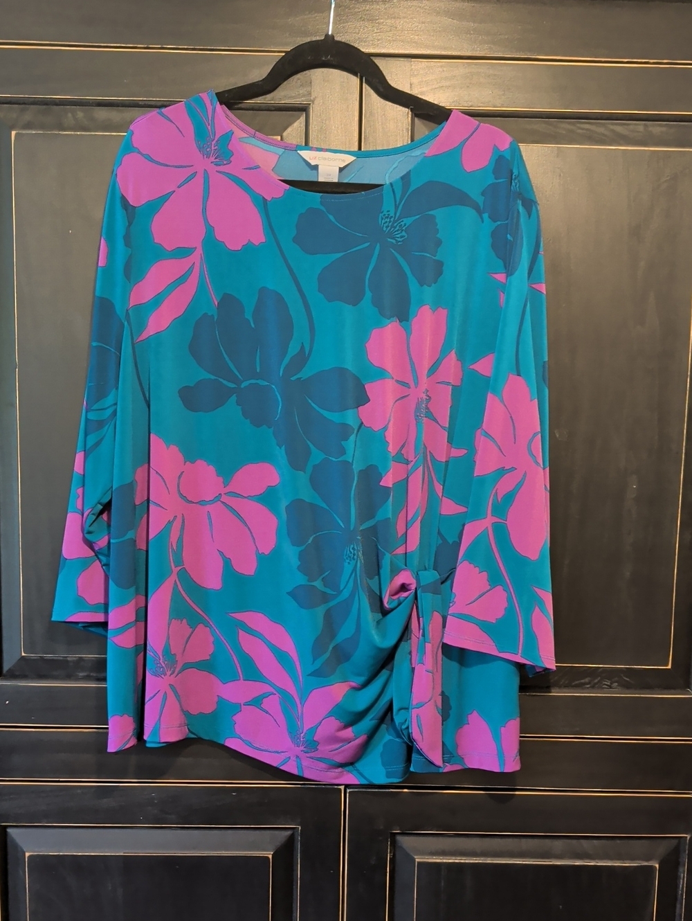 Liz Claiborne Teal & Magenta Floral Long-Sleeve Tunic **NWT**